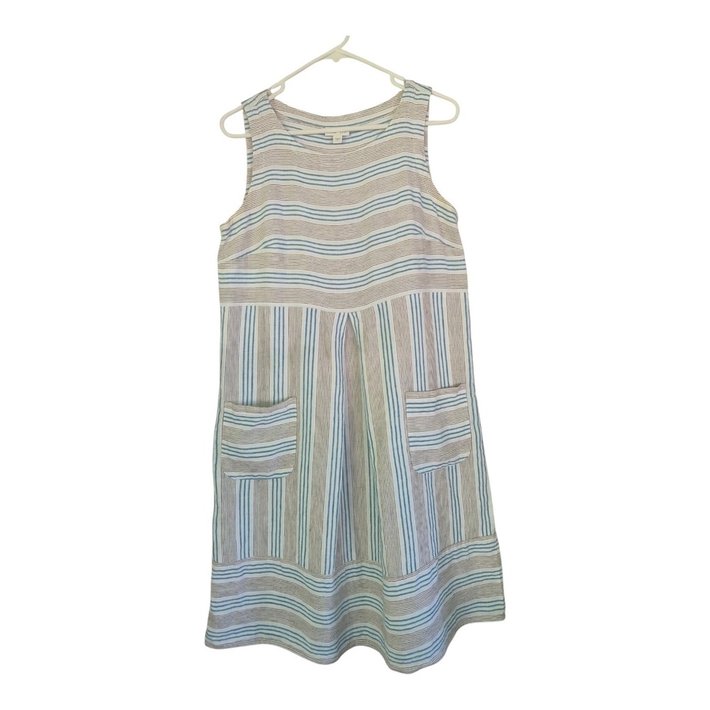 J. Jill Love Linen Dress Small 100% Linen Striped Sleeveless Pockets Coastal